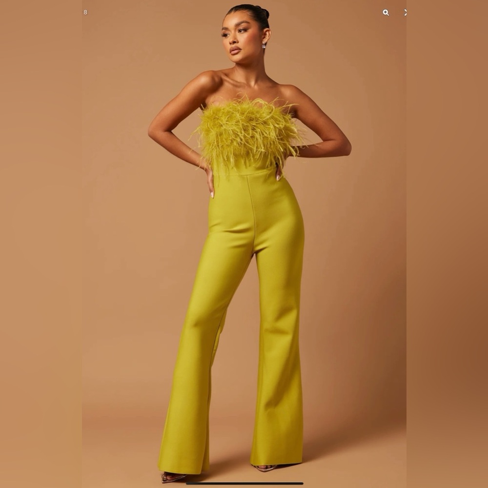 Fashion Nova Fay Feather Bandage Jumpsuit - Chartreuse